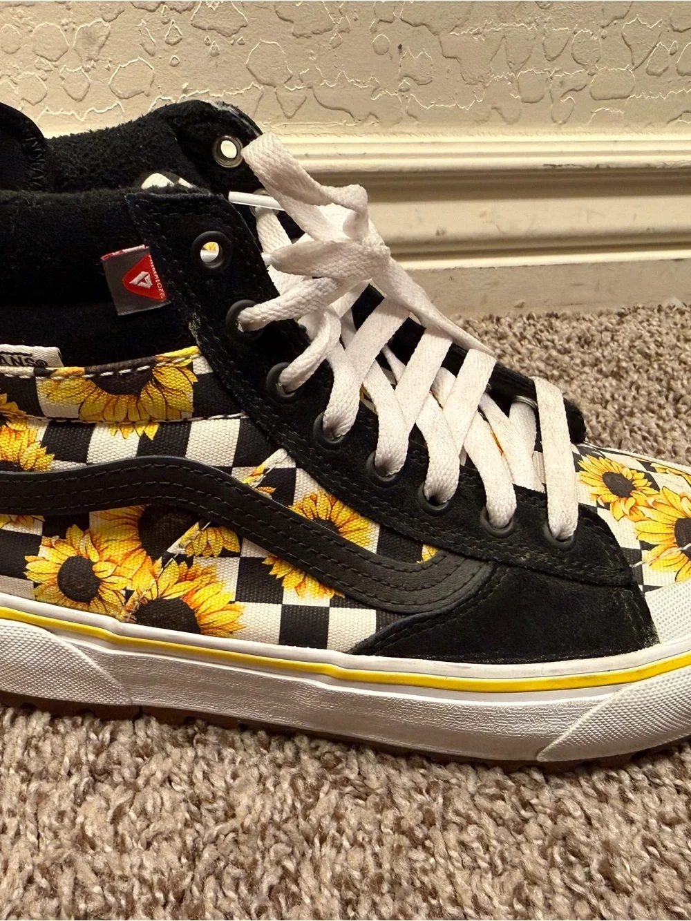 Vans Black High-Top Sneakers with Yellow Sunflower Checker Print